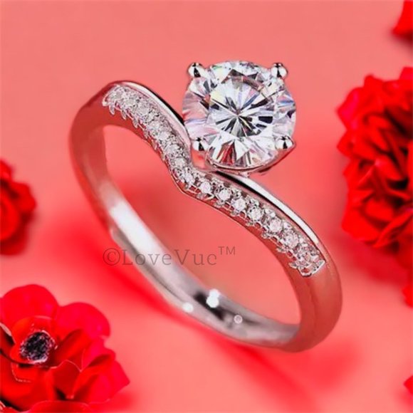 Certified 1ct. t.w. Diamond Moissanite Solitaire Chevron Engagement Wedding Ring - Picture 4 of 16